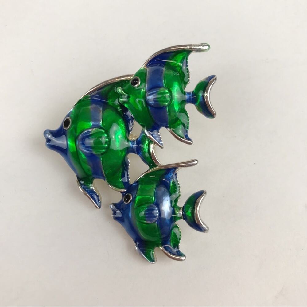 MJ Fish Tropical Enamel School of Angelfish Blue Green Aquatic Ocean Brooch Pin